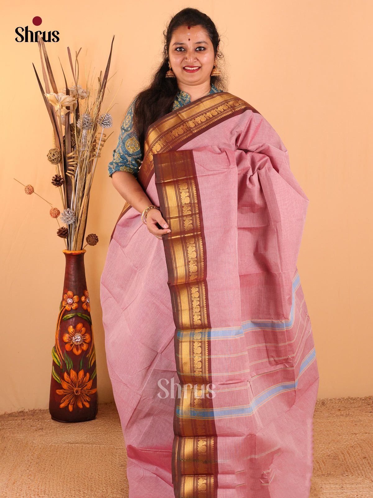 Dual tone Light onion pink with Brown - Chettinad Cotton saree - DDS09086 - Shop on Shrus.com
