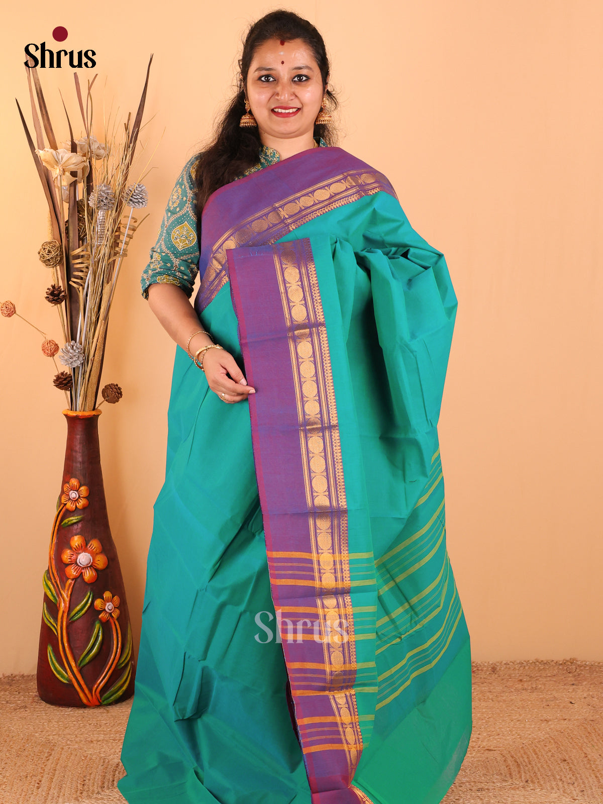 Rama blue with Purple - Chettinad Cotton saree - DDS09090 - Shop on Shrus.com