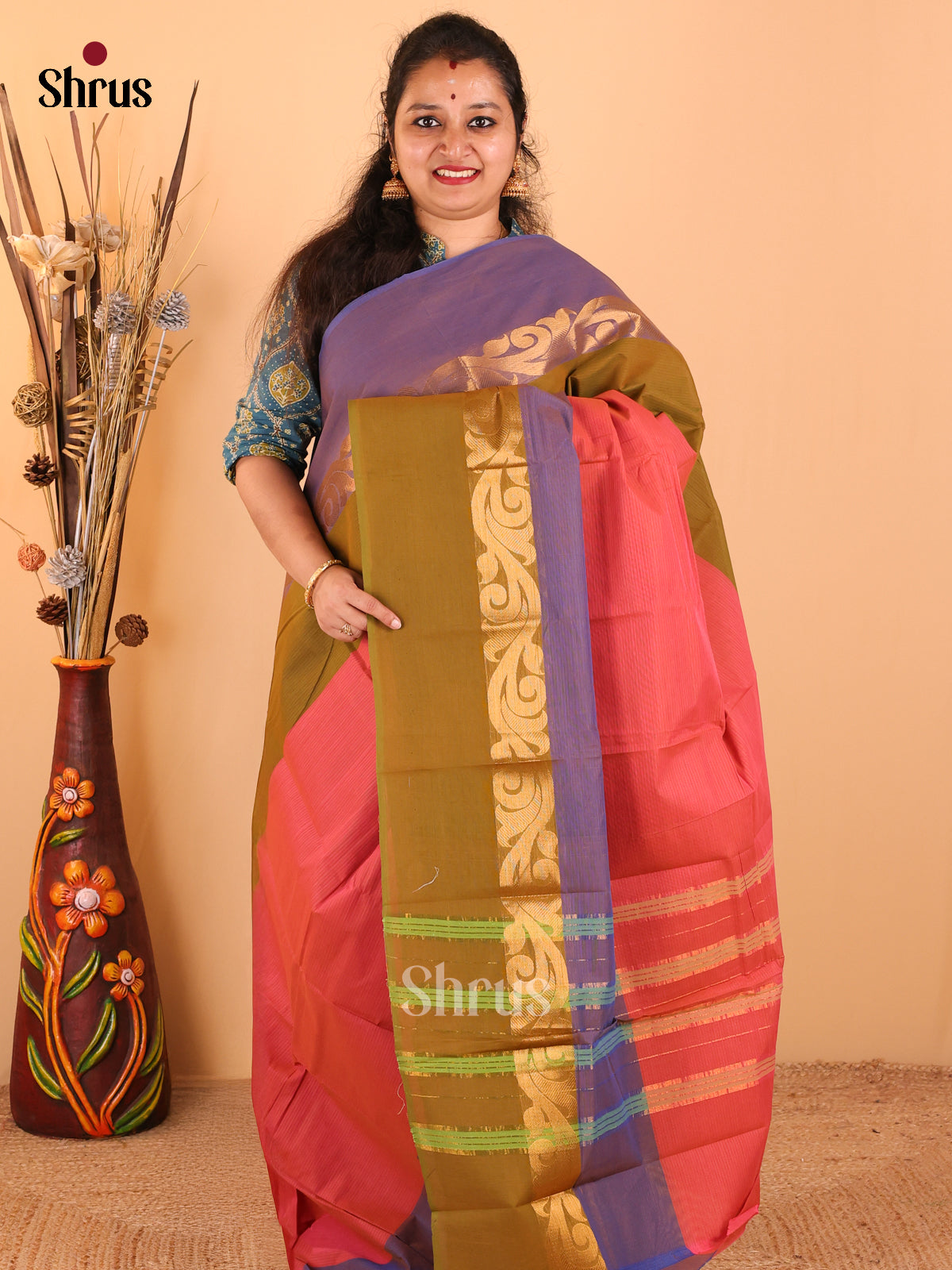 Peachish pink with Olive green & Purple - Chettinad Cotton saree - DDS09091 - Shop on Shrus.com