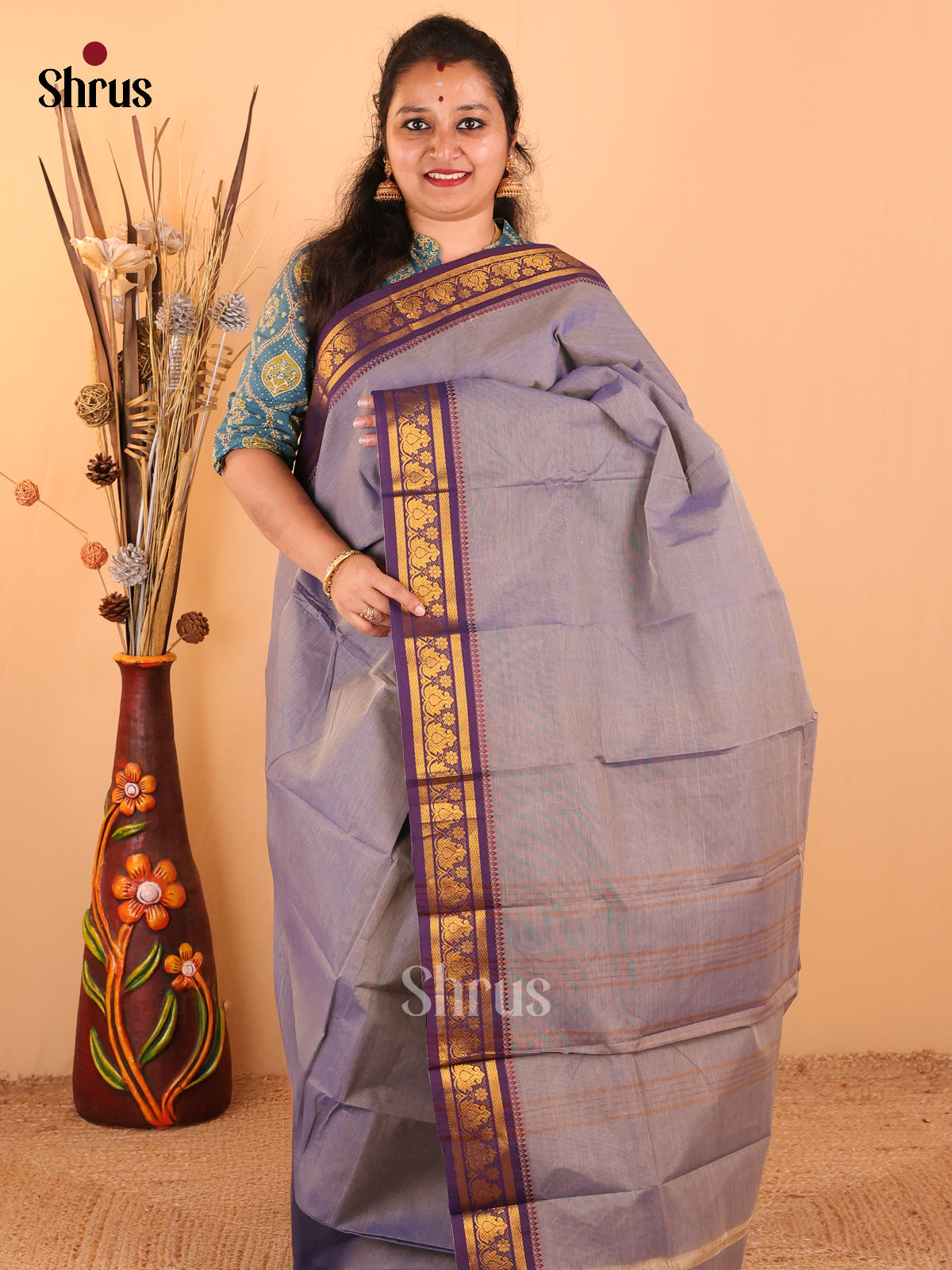 Dual Tone Sandal with Navy Blue - Chettinad Cotton saree - DDS09092 - Shop on Shrus.com