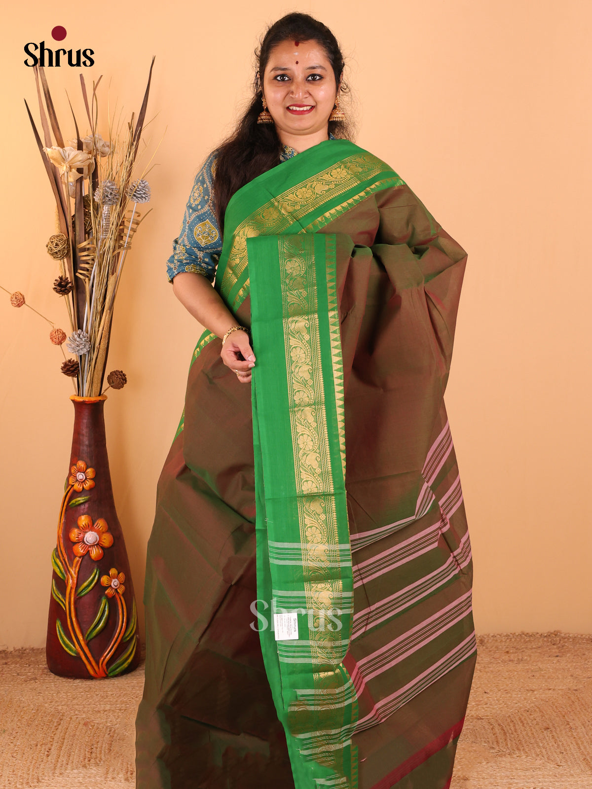 Dual tone green with red - Chettinad Cotton saree - DDS09097 - Shop on Shrus.com