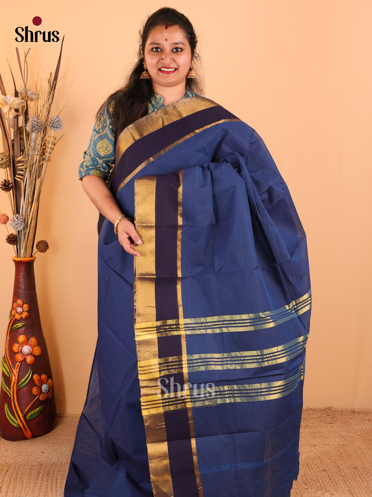 Peacock blue with Navy Blue - Chettinad Cotton saree - DDS09101 - Shop on Shrus.com