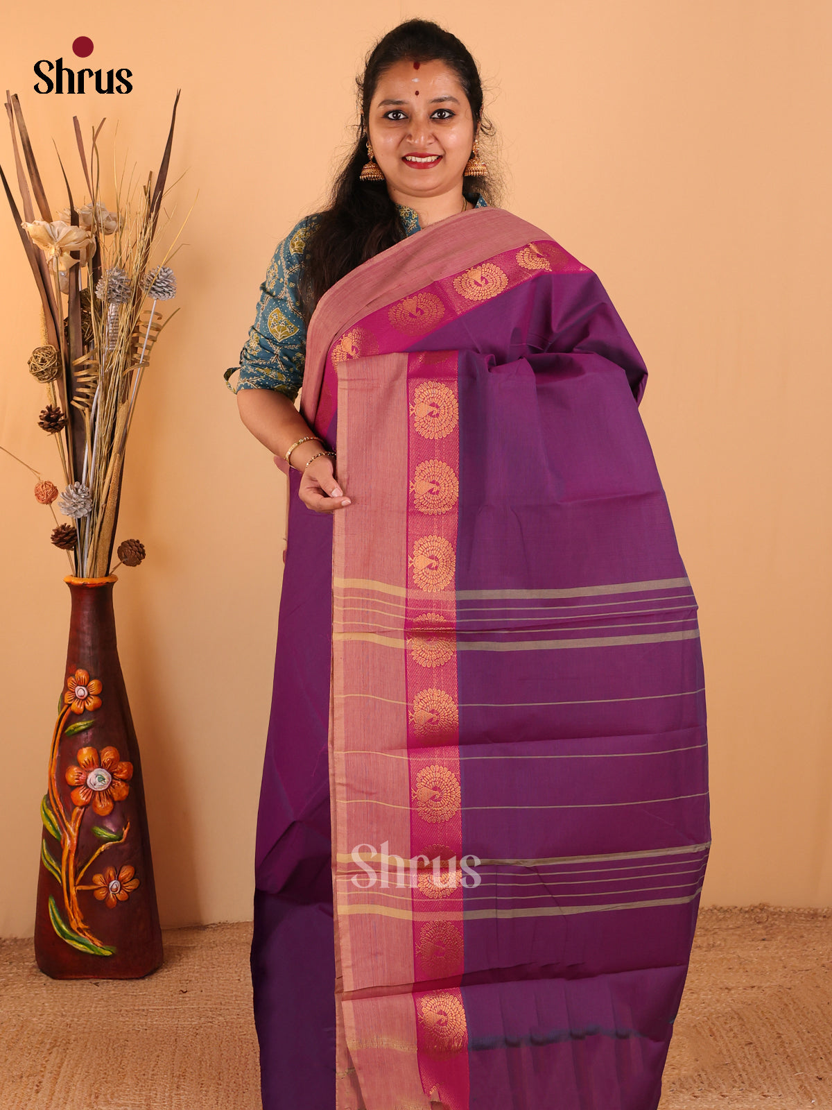 Violet with purple - Chettinad Cotton saree - DDS09110 - Shop on Shrus.com