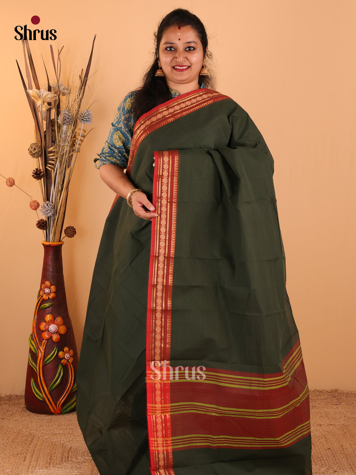 Dark Green with Rust - Chettinad Cotton saree - DDS09111 - Shop on Shrus.com