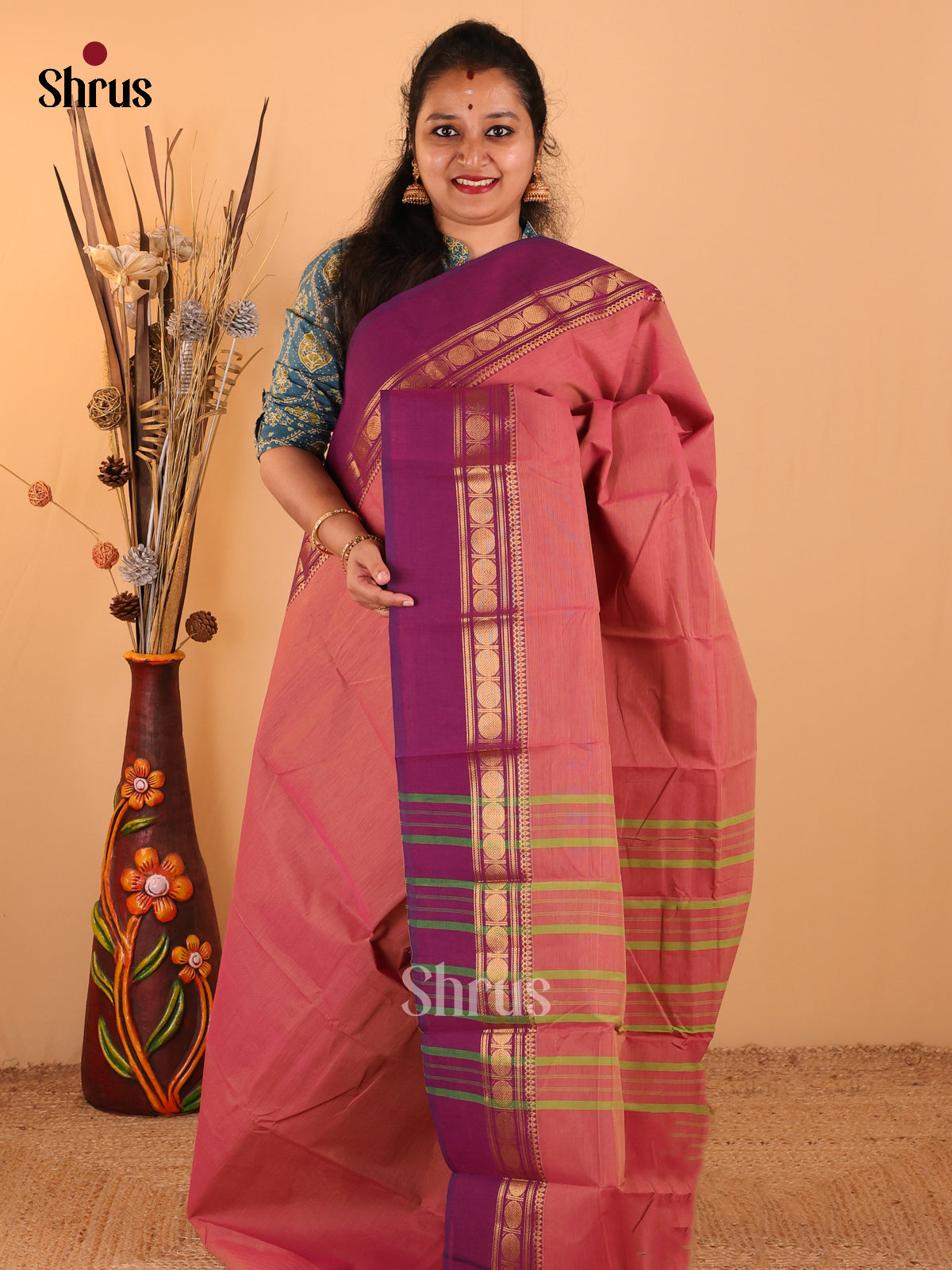 Dual Tone Peach pink with Purple - Chettinad Cotton saree - DDS09114 - Shop on Shrus.com