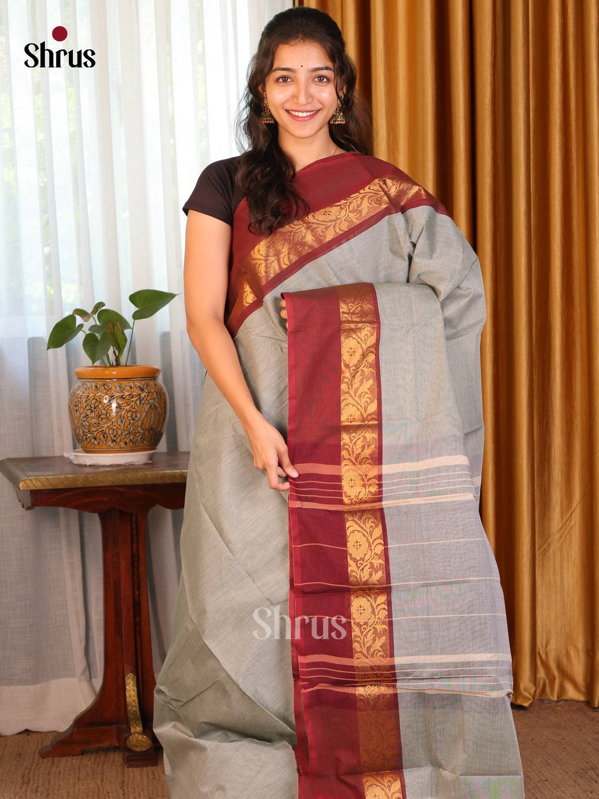 Grey with Maroon - DDS09124 - Chettinad Cotton Saree - Shop on Shrus.com