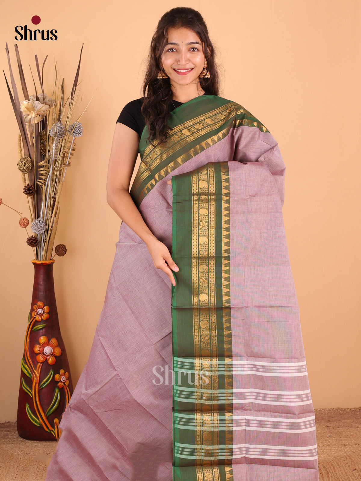 Dual Tone with Grey with Maroon & Green Border - Chettinad Cotton Saree - DDS09131 - Shop on Shrus.com