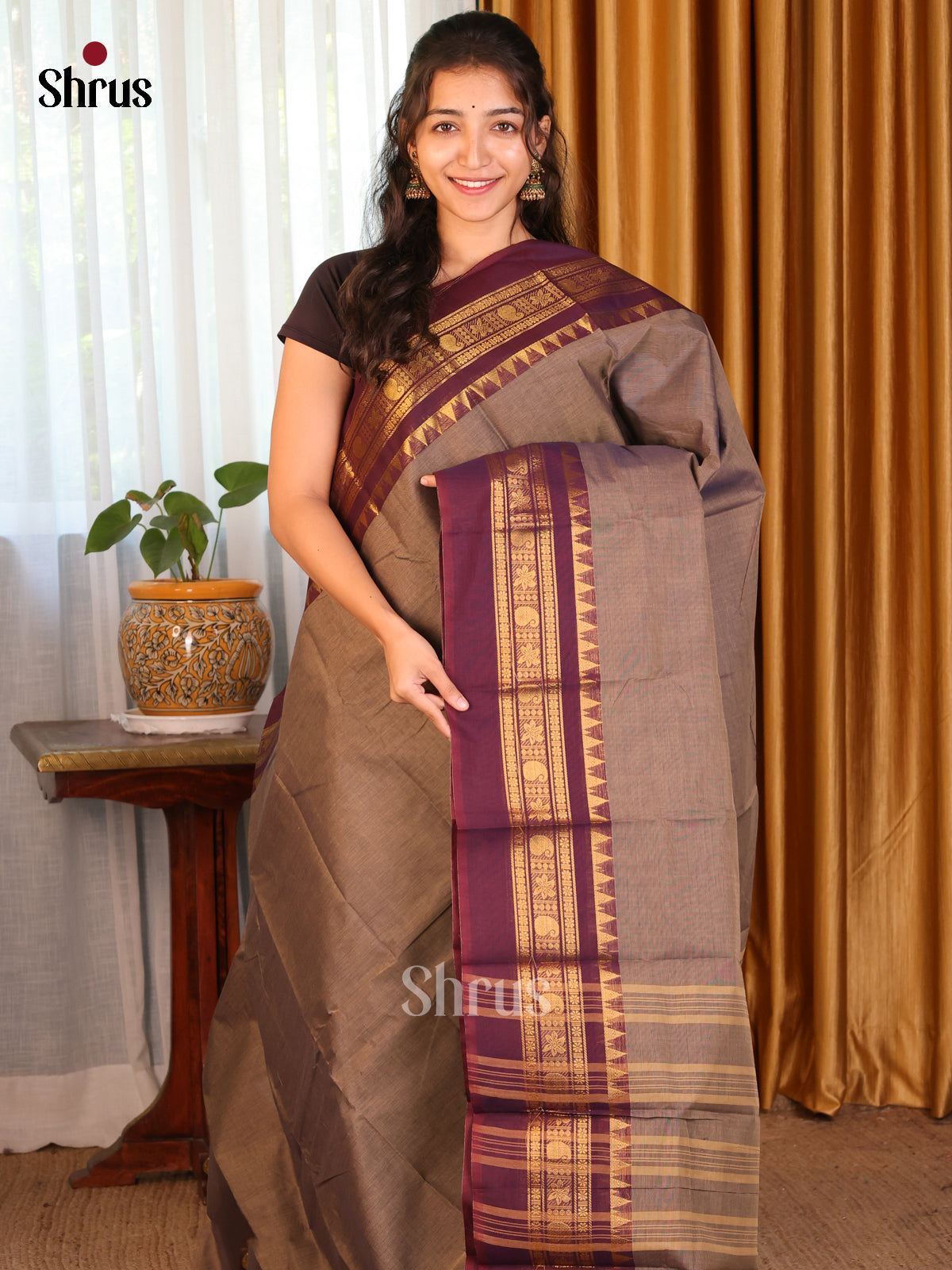 Dual Tone Beige with Navy Blue Border Purple - Chettinad Cotton Saree - DDS09132 - Shop on Shrus.com