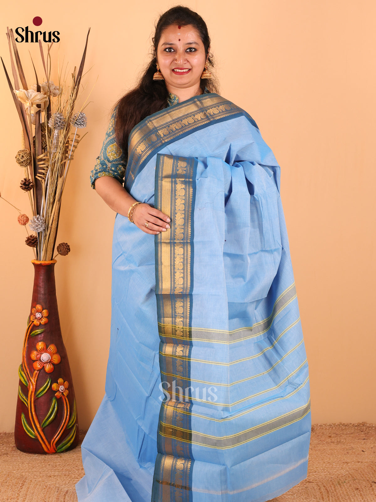 Sky blue with Peacock blue - Chettinad Cotton saree - DDS09135 - Shop on Shrus.com