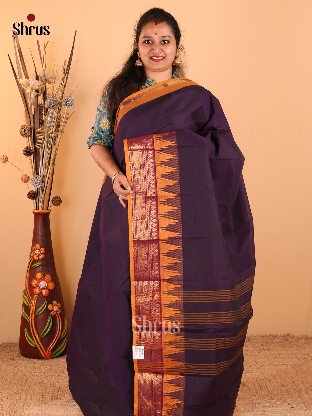 Navy Blue with Orange - Chettinad Cotton saree - DDS09137 - Shop on Shrus.com