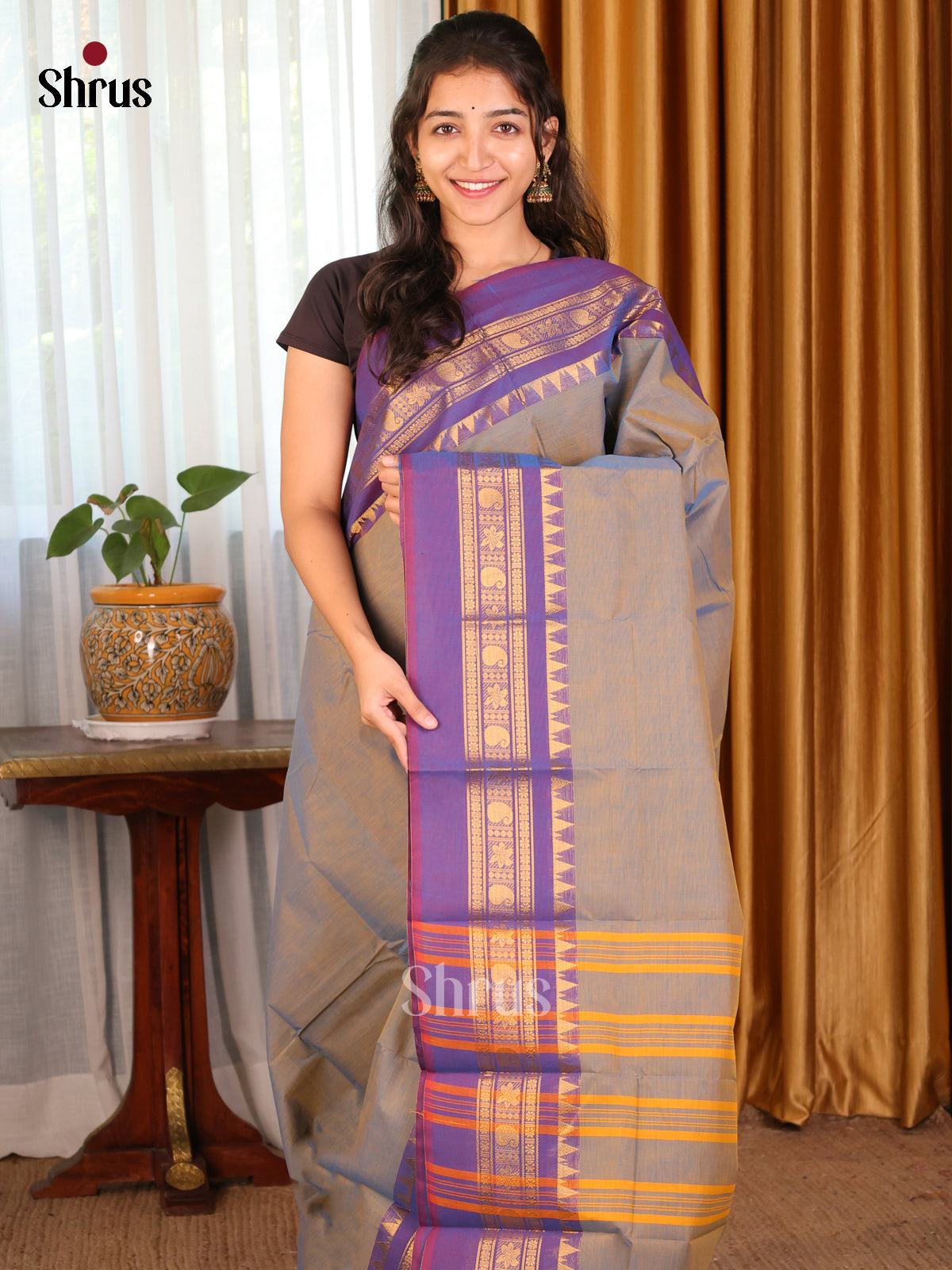Grey with Purple - DDS09140 - Chettinad Cotton Saree - Shop on Shrus.com