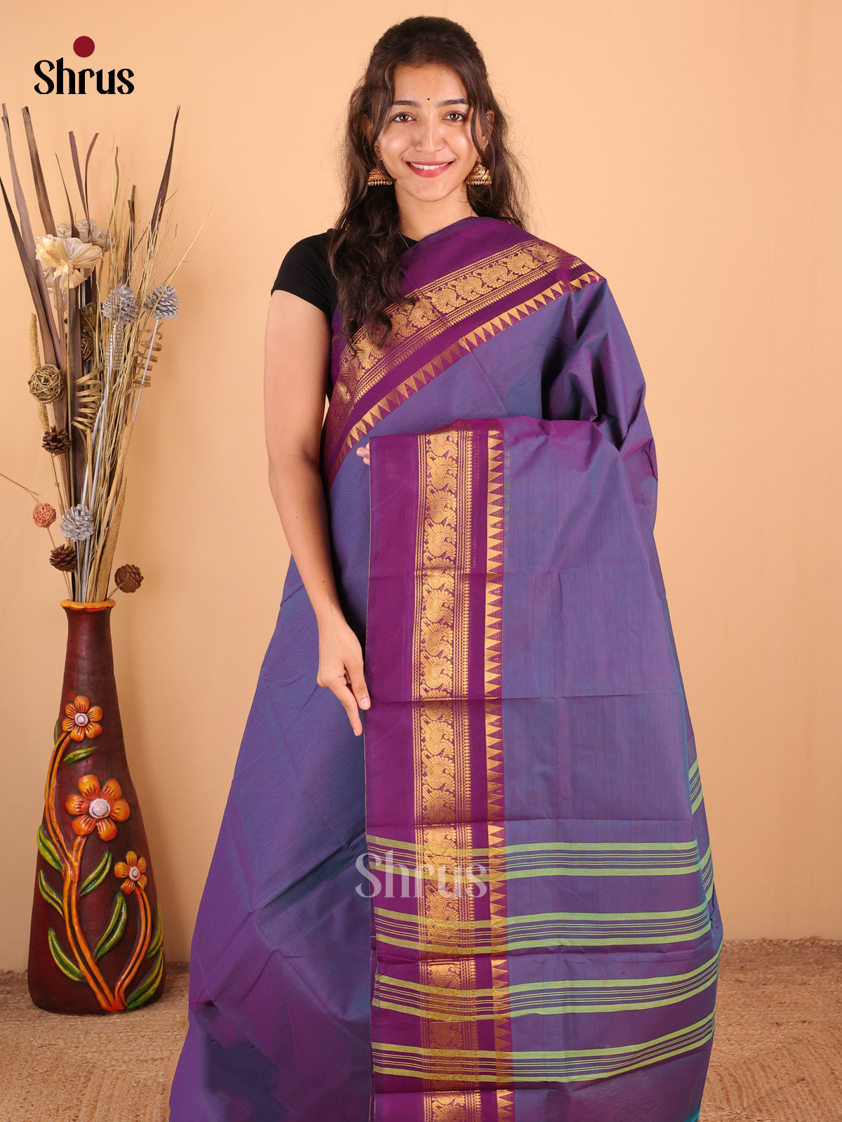 Dual Tone Blue with Purple - Chettinad Cotton Saree - DDS09153 - Shop on Shrus.com