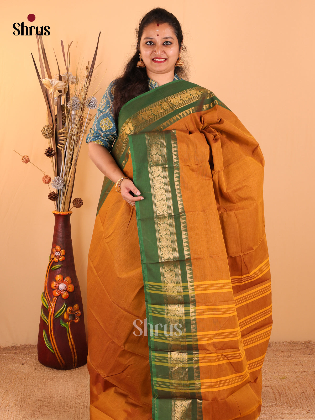 Rust with Green - Chettinad Cotton saree - DDS09154 - Shop on Shrus.com