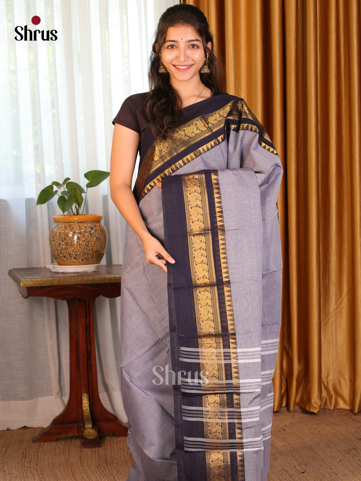 Grey with navy Blue - Chettinad Cotton Saree - DDS09156 - Shop on Shrus.com