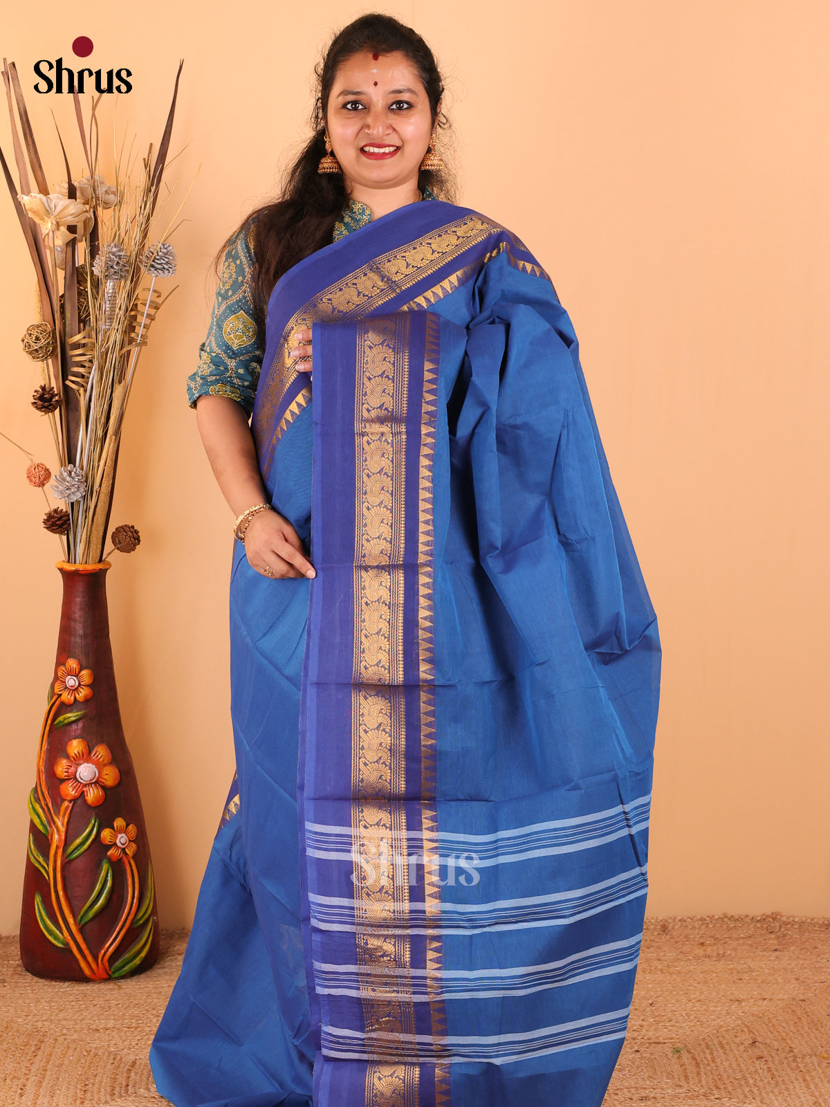 Peacock Blue with Blue - Chettinad Cotton saree - DDS09157 - Shop on Shrus.com