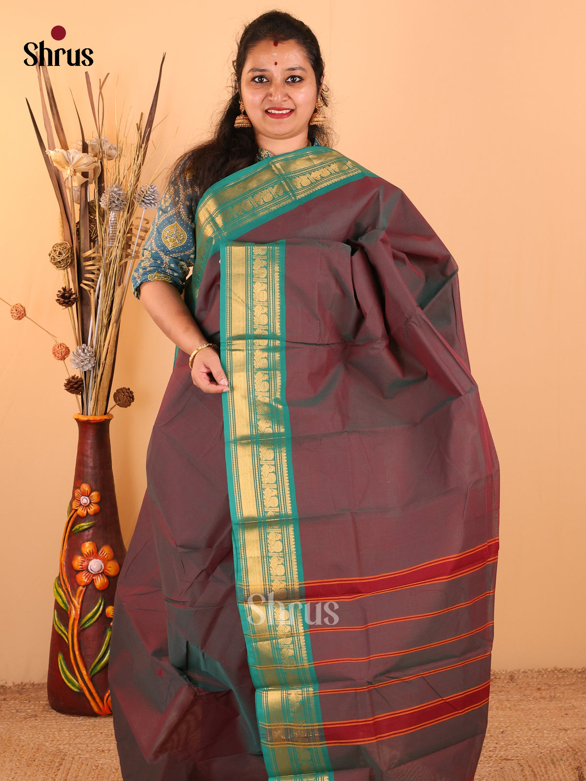 Dual Tone Teal Green with Maroon - Chettinad Cotton saree - DDS09170 - Shop on Shrus.com