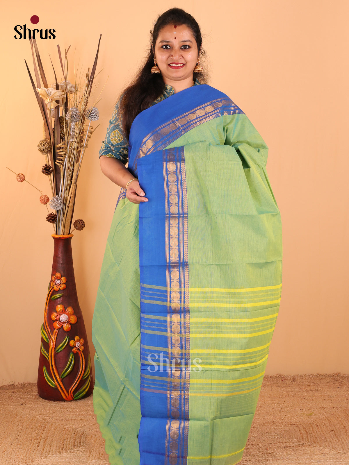 Dual Tone Lime Yellow with Rama blue - Chettinad Cotton saree - DDS09172 - Shop on Shrus.com