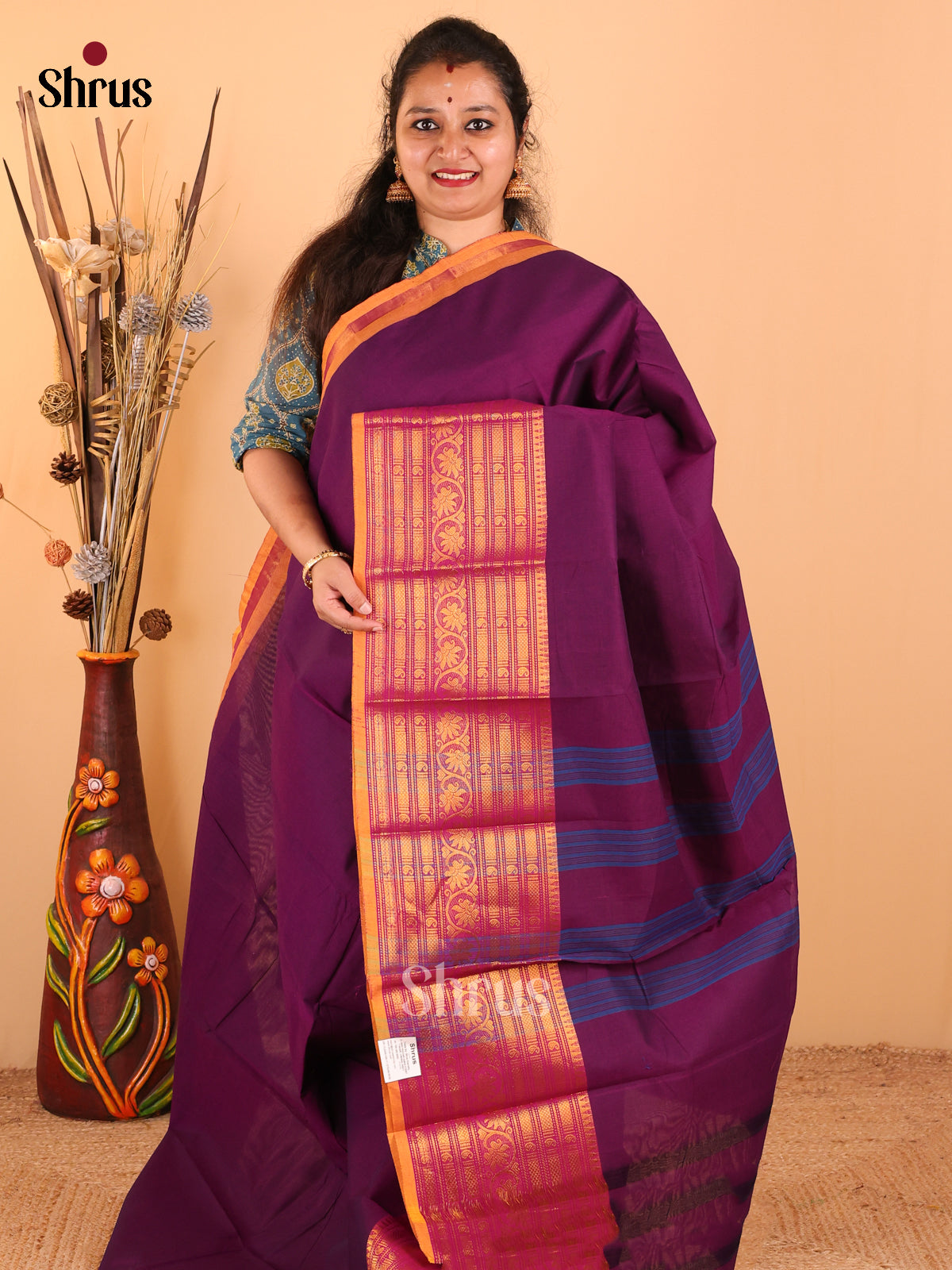 Purple with pink - Chettinad Cotton saree - DDS09174 - Shop on Shrus.com