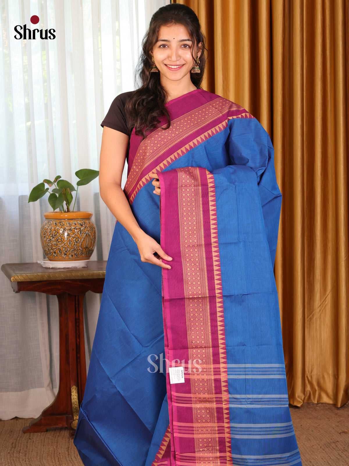 Blue with Purple - DDS09189 - Chettinad Cotton Saree - Shop on Shrus.com