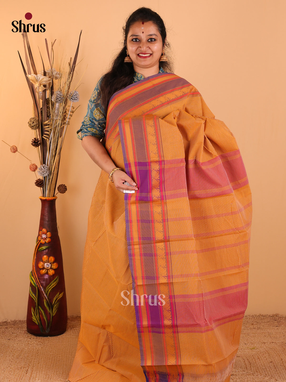 Mustard with Navy Blue - Chettinad Cotton saree - DDS09192 - Shop on Shrus.com
