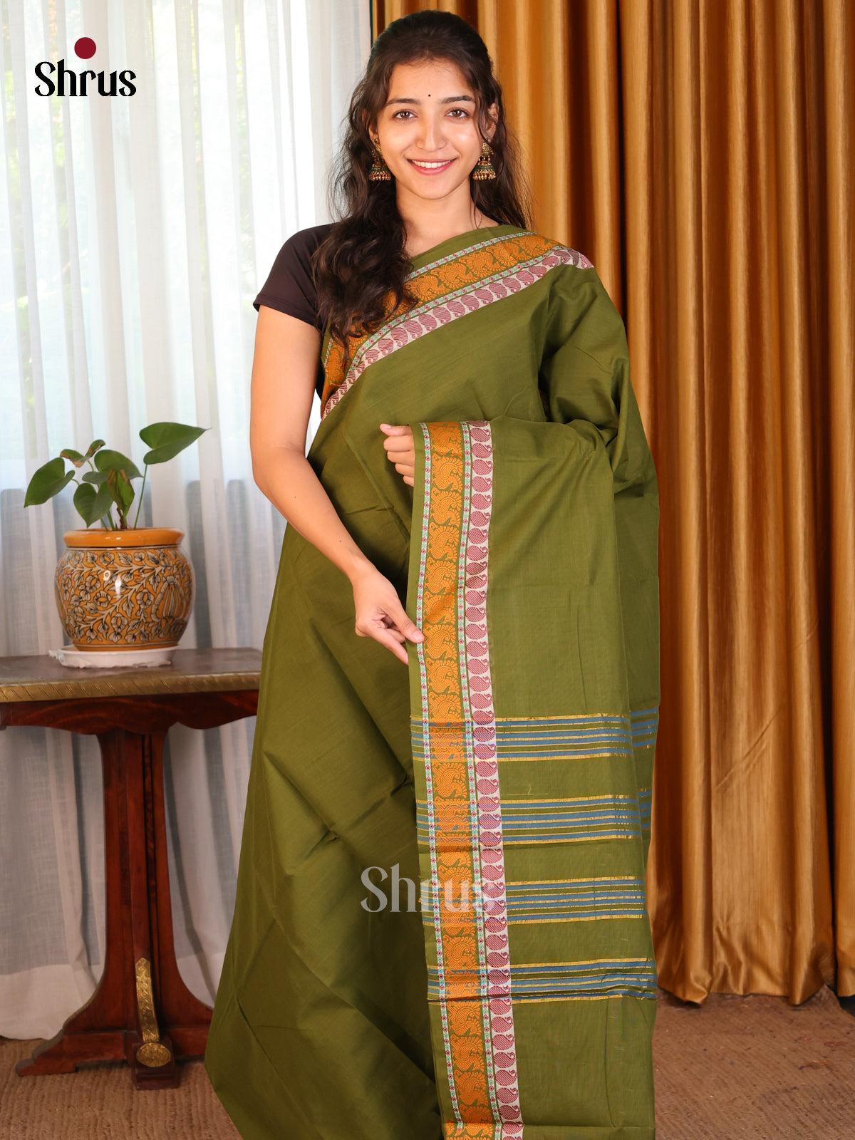 Green - DDS09194 - Chettinad Cotton Saree - Shop on Shrus.com