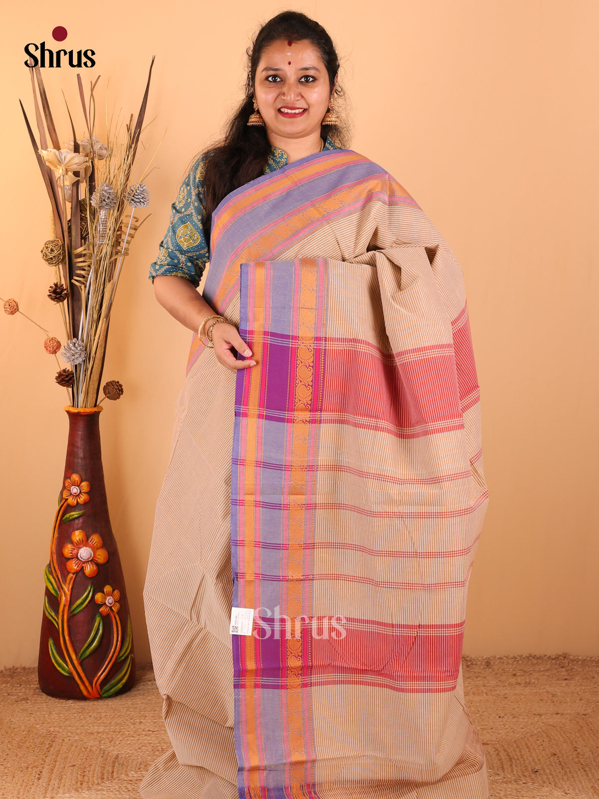 Beige with Blue - DDS09197 - Chettinad Cotton Saree - Shop on Shrus.com