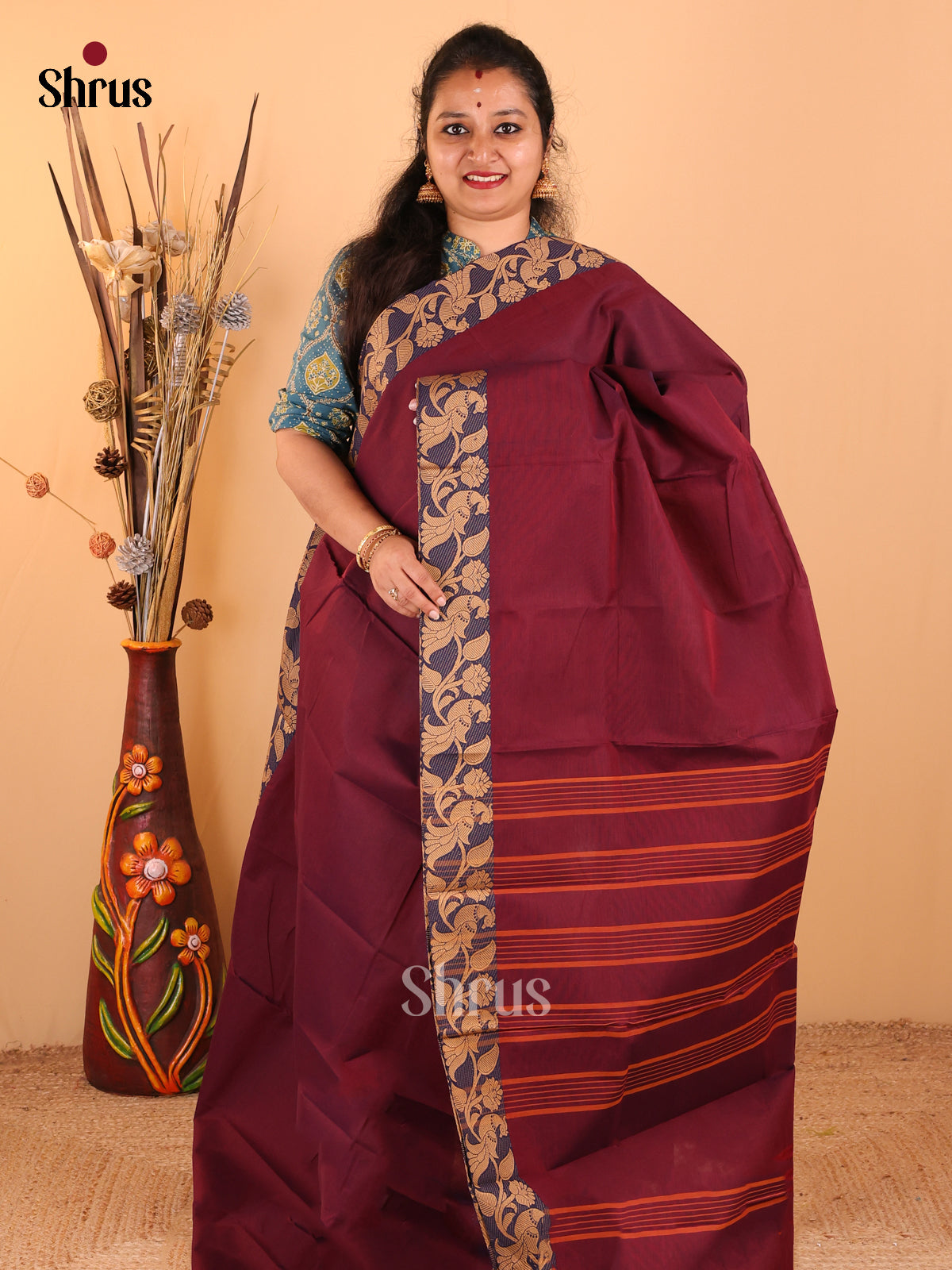 Dual Tone Maroon with Navy Blue - Chettinad Cotton saree - DDS09202 - Shop on Shrus.com