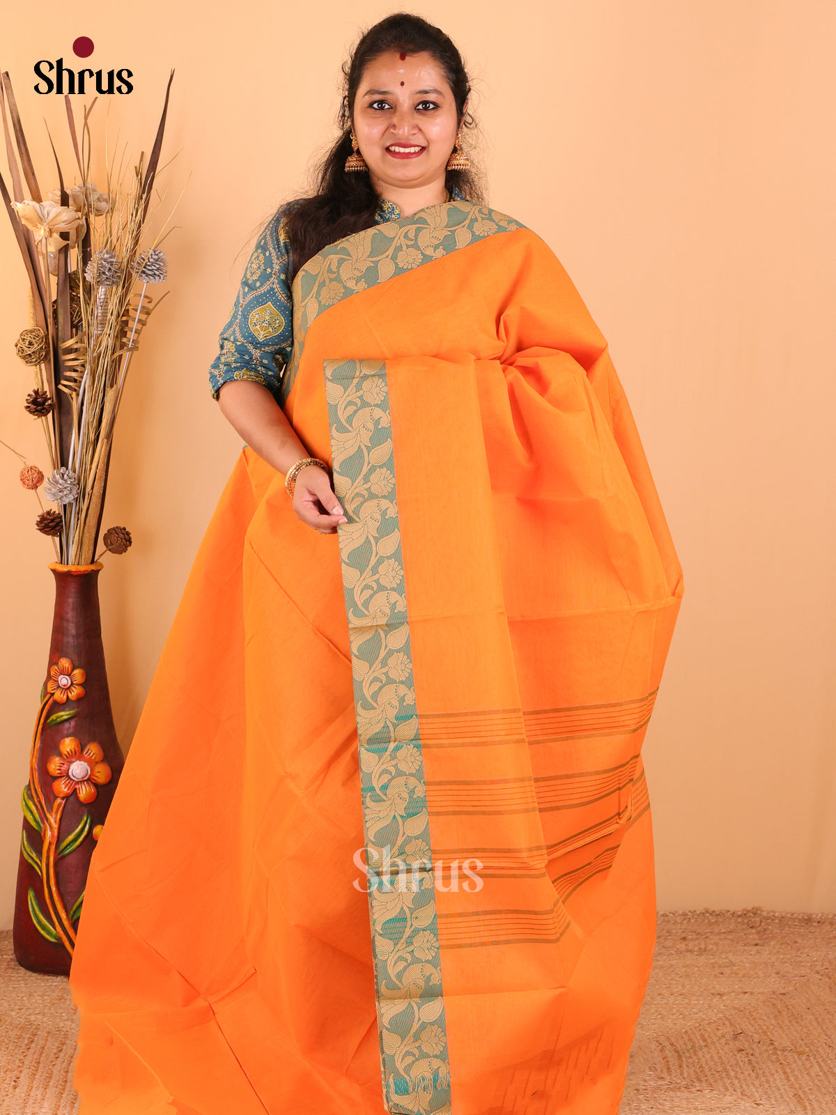 Orange with Green - Chettinad Cotton saree - DDS09203 - Shop on Shrus.com