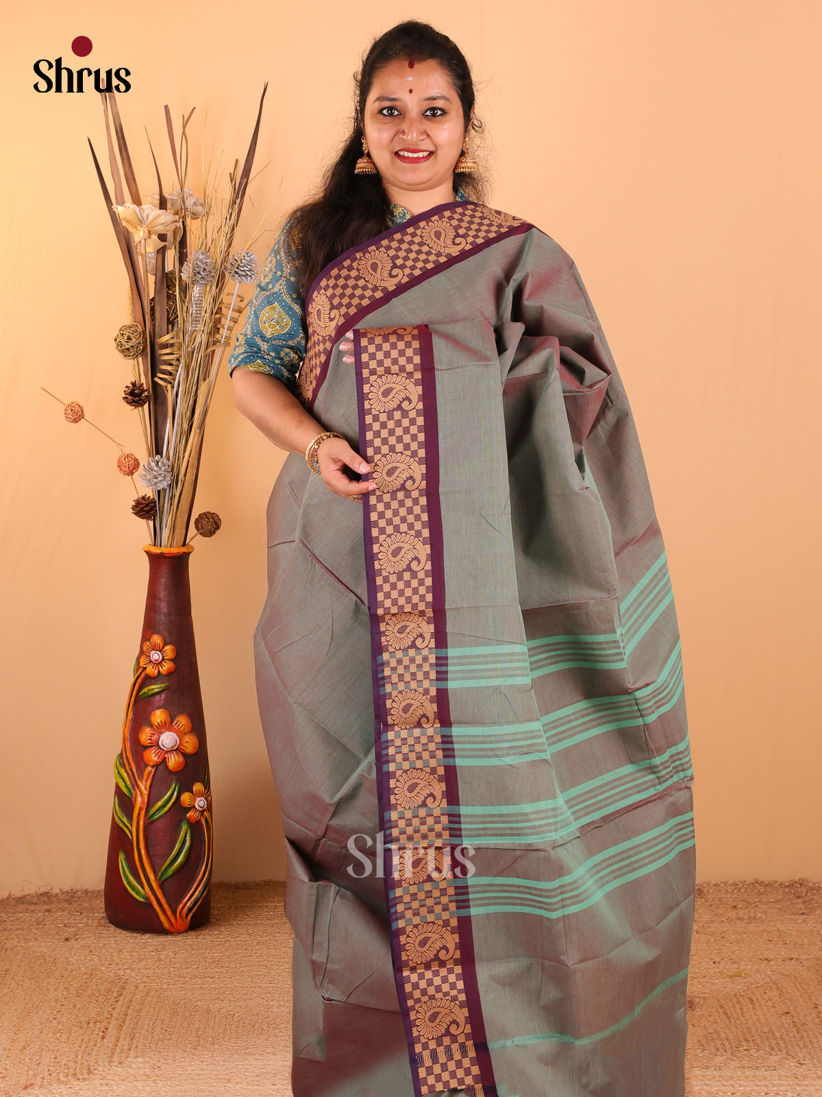Dual Tone Pastel Green with Maroon - Chettinad Cotton saree - DDS09213 - Shop on Shrus.com