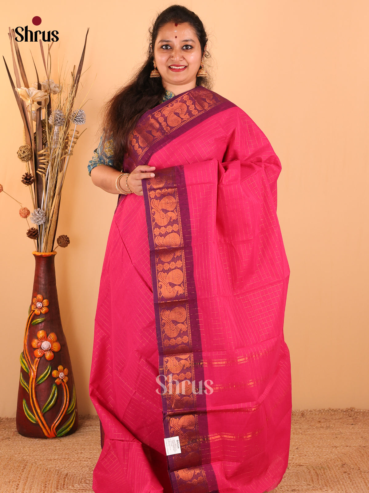 Rani pink with Purple - Chettinad Cotton saree - DDS09218 - Shop on Shrus.com
