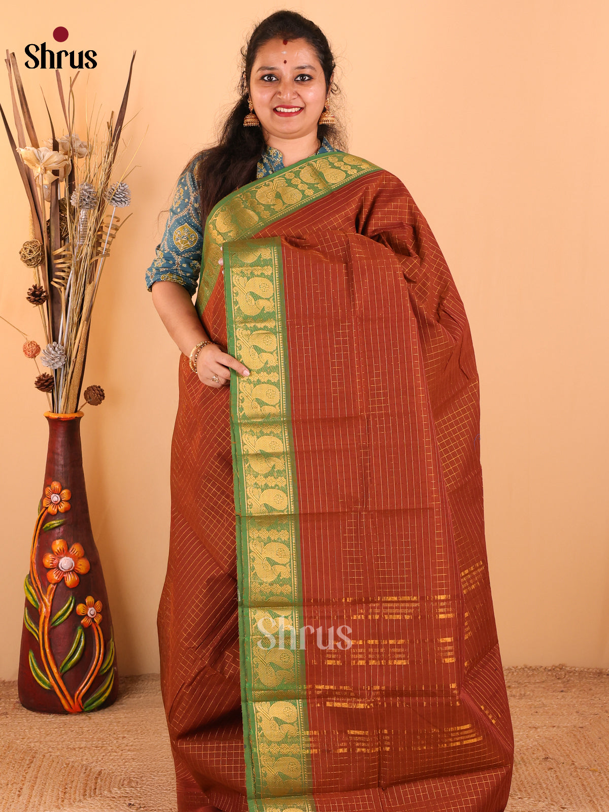Brown with Green - Chettinad Cotton saree - DDS09219 - Shop on Shrus.com