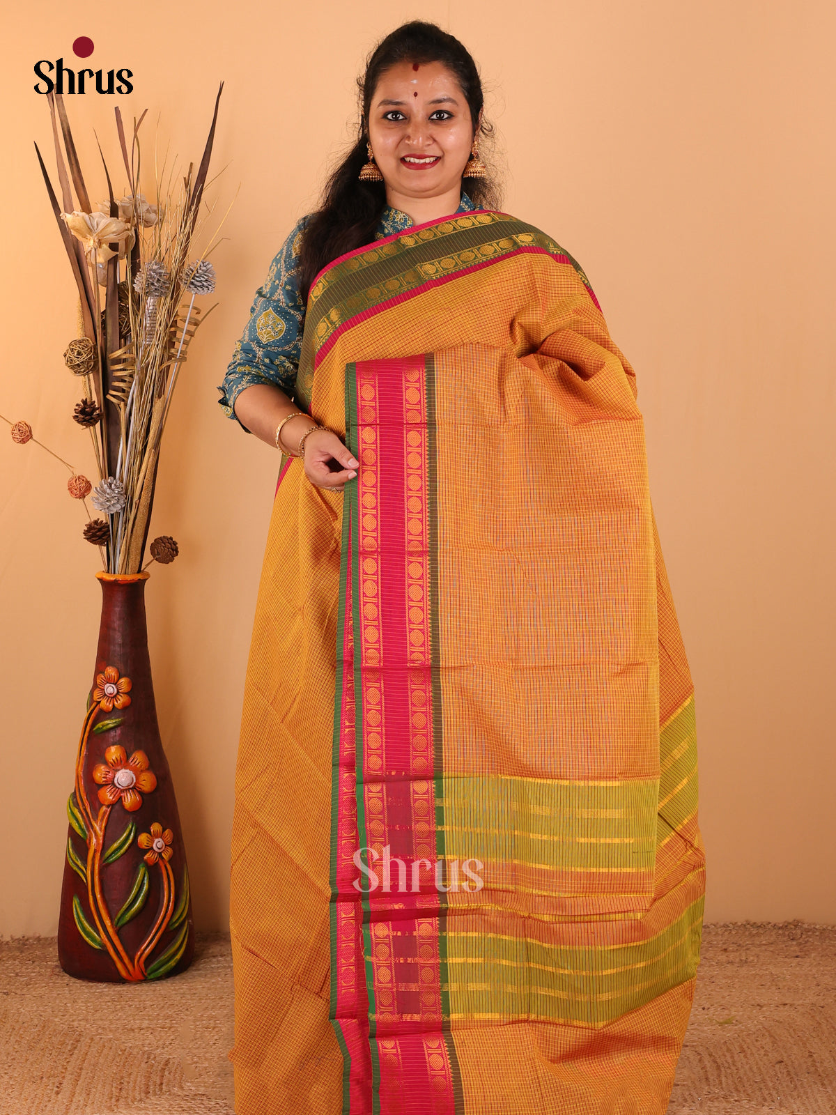 Mustard with pink & Green - Chettinad Cotton saree - DDS09220 - Shop on Shrus.com