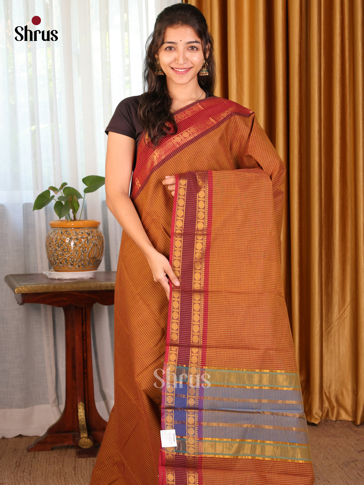 Brown with Maroon  - DDS09221 - Chettinad Cotton Saree - Shop on Shrus.com