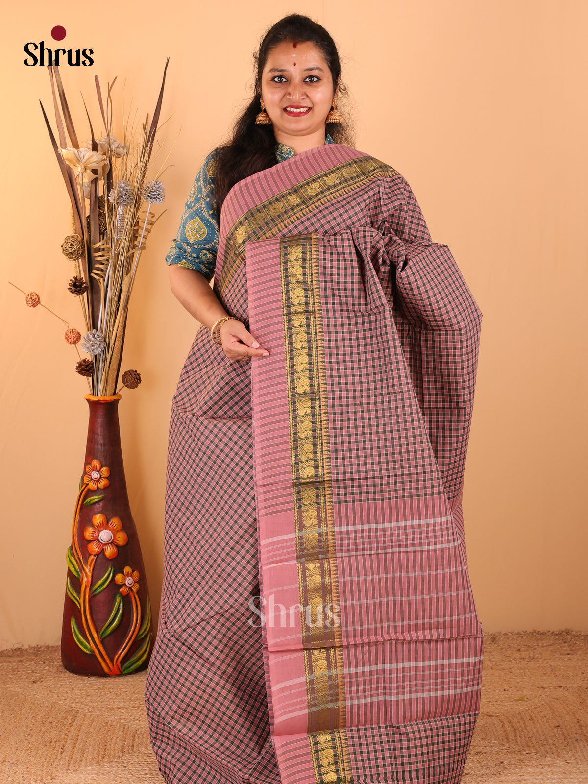 Onion Pink with Green - Chettinad Cotton saree - DDS09224 - Shop on Shrus.com