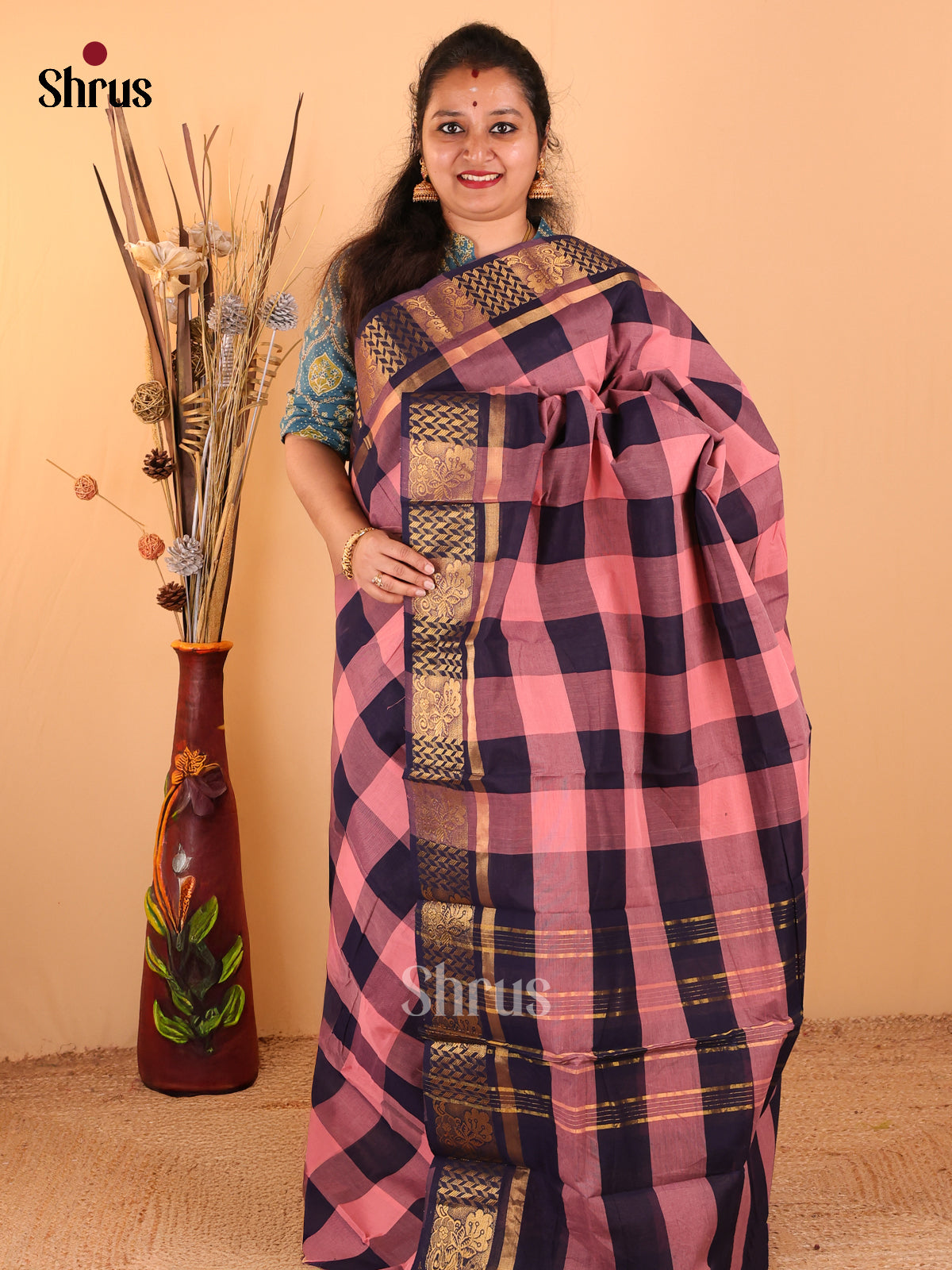 Baby pink with Navy Blue - Chettinad Cotton saree - DDS09229 - Shop on Shrus.com