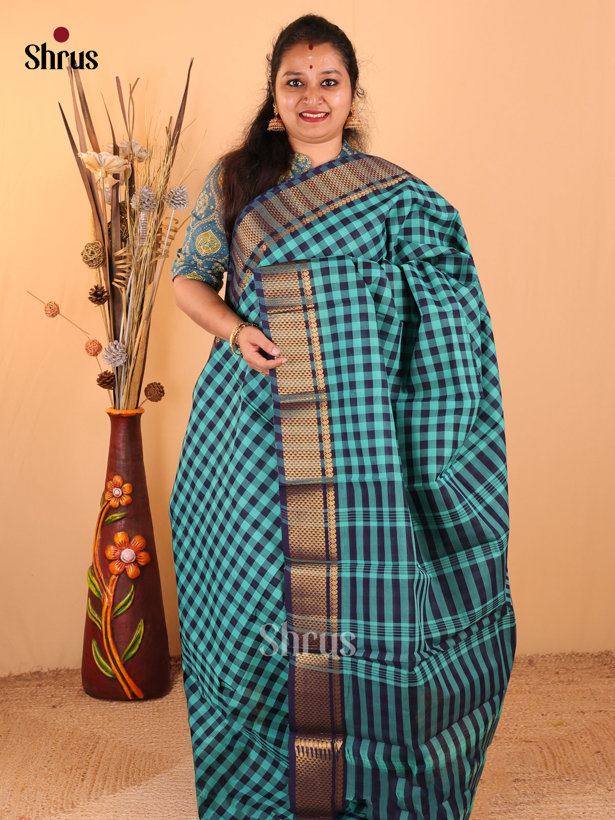 Pastel Green with Navy Blue - Chettinad Cotton saree - DDS09233 - Shop on Shrus.com