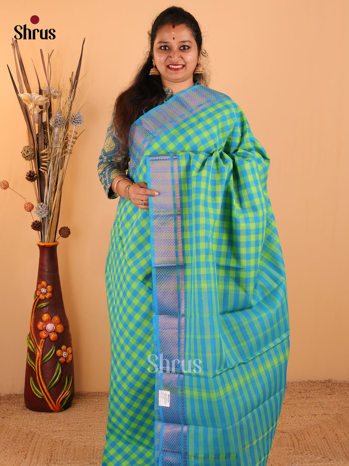 Rama Blue with Parrot Green - Chettinad Cotton saree - DDS09235 - Shop on Shrus.com