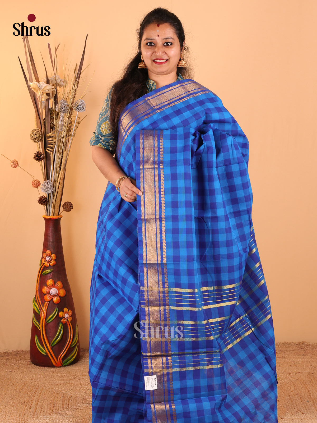 Rama Blue with Royal Blue - Chettinad Cotton saree - DDS09237 - Shop on Shrus.com
