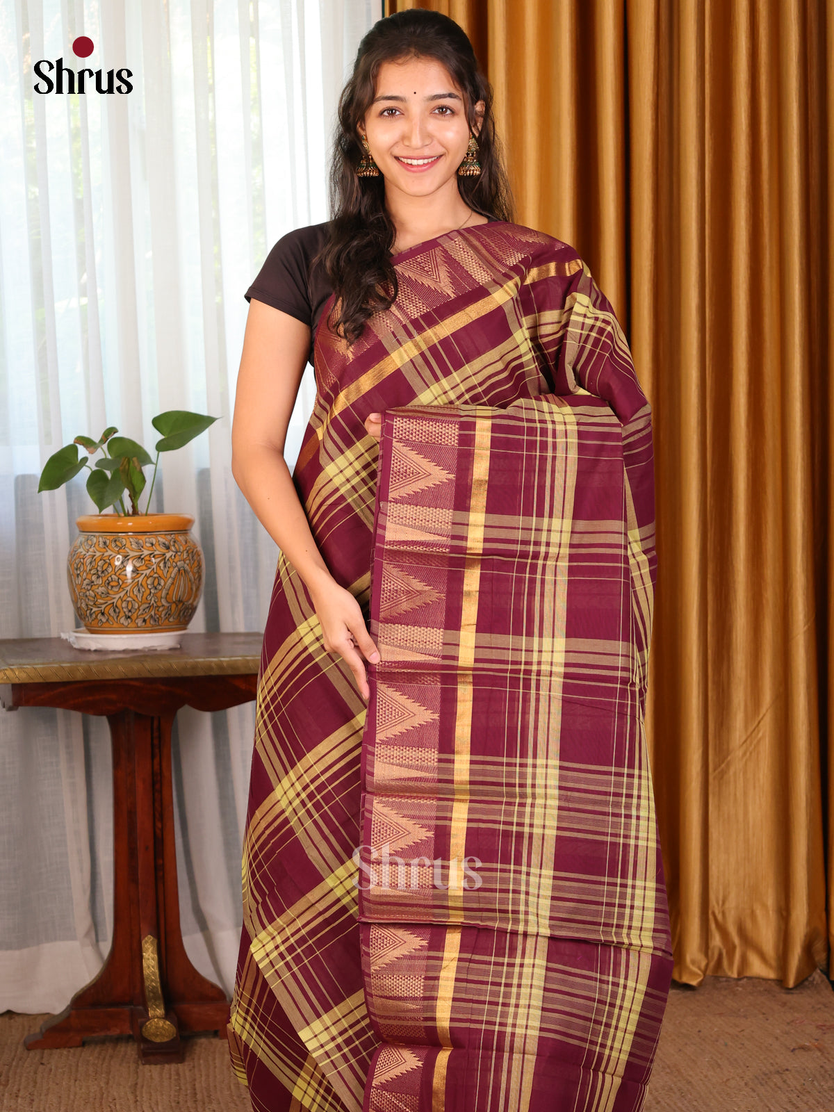 Maroon - DDS09239 - Chettinad Cotton Saree - Shop on Shrus.com