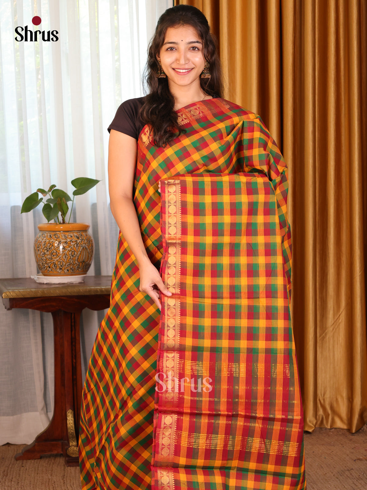 Mustard with Maroon - DDS09240 - Chettinad Cotton Saree - Shop on Shrus.com
