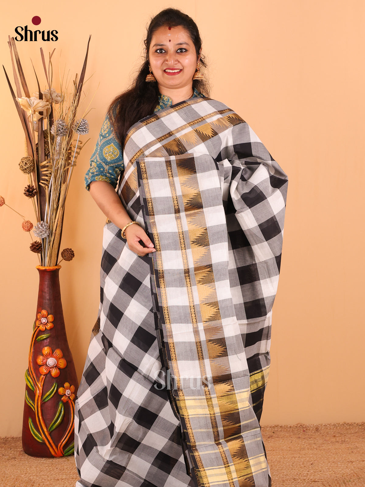 Black with White - Chettinad Cotton saree - DDS09244 - Shop on Shrus.com