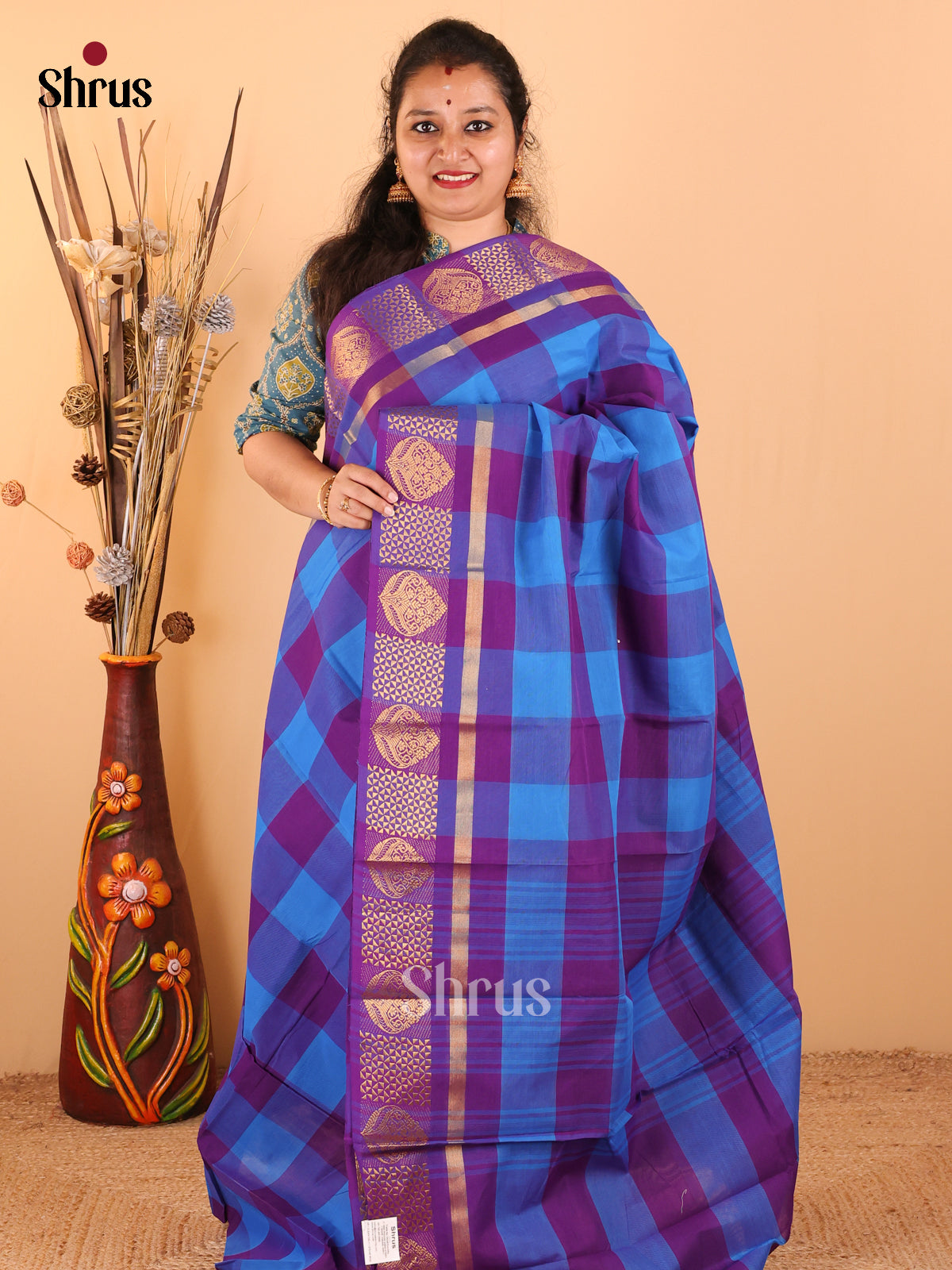 Rama Blue with Purple - Chettinad Cotton saree - DDS09246 - Shop on Shrus.com