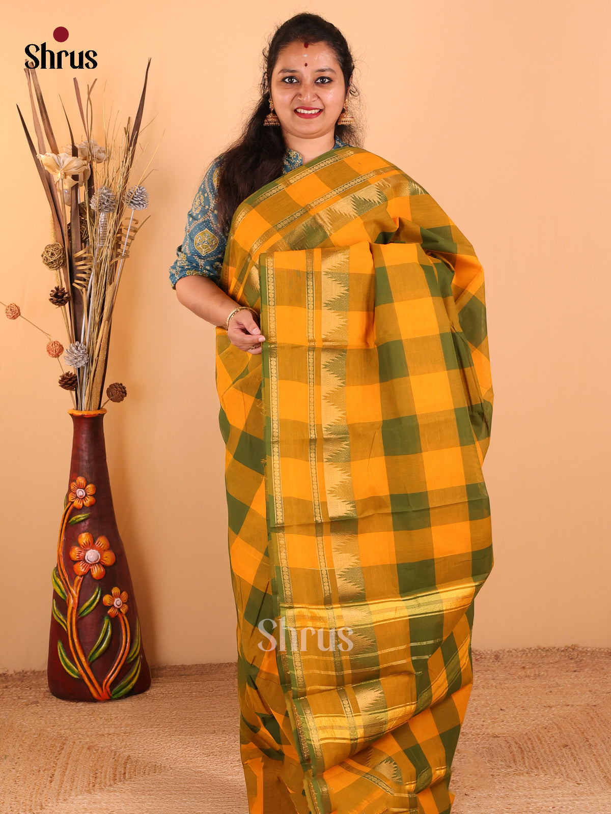 Orange with Green - Chettinad Cotton saree - DDS09248 - Shop on Shrus.com