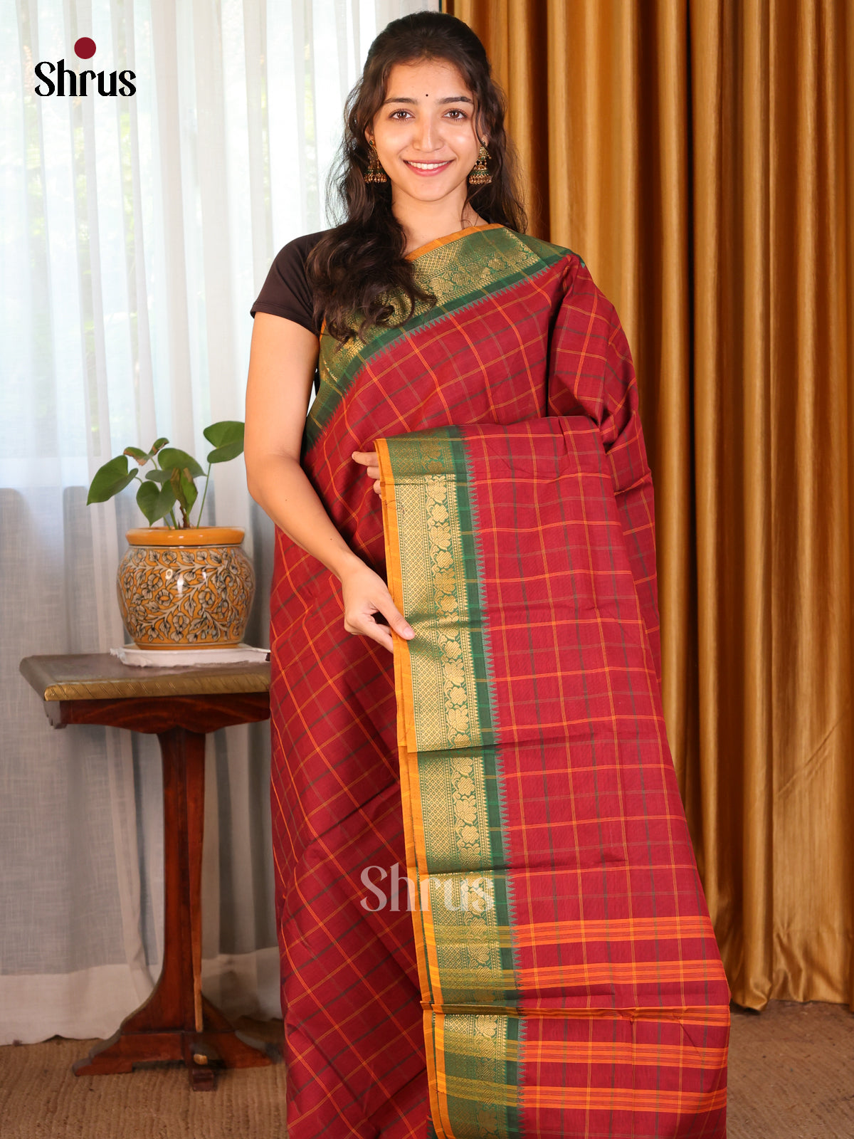 Maroon with  Green - DDS09251 - Chettinad Cotton Saree - Shop on Shrus.com