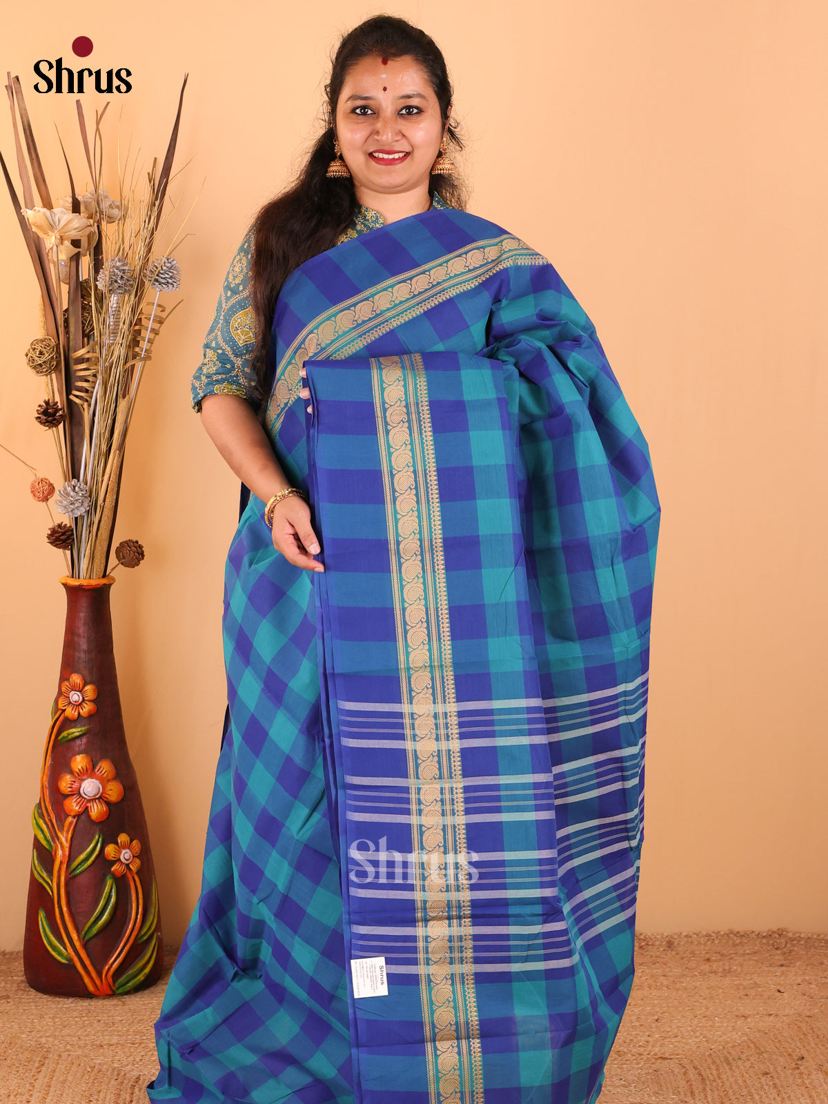 Teal green with Royal Blue - Chettinad Cotton saree - DDS09255 - Shop on Shrus.com