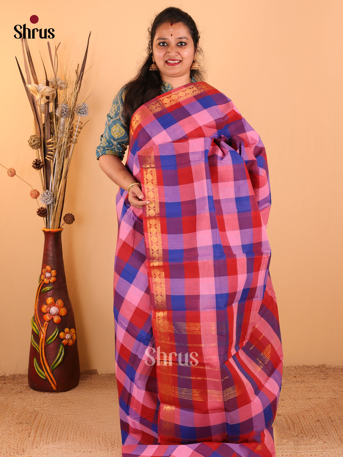Rama blue with Red - Chettinad Cotton saree - DDS09258 - Shop on Shrus.com