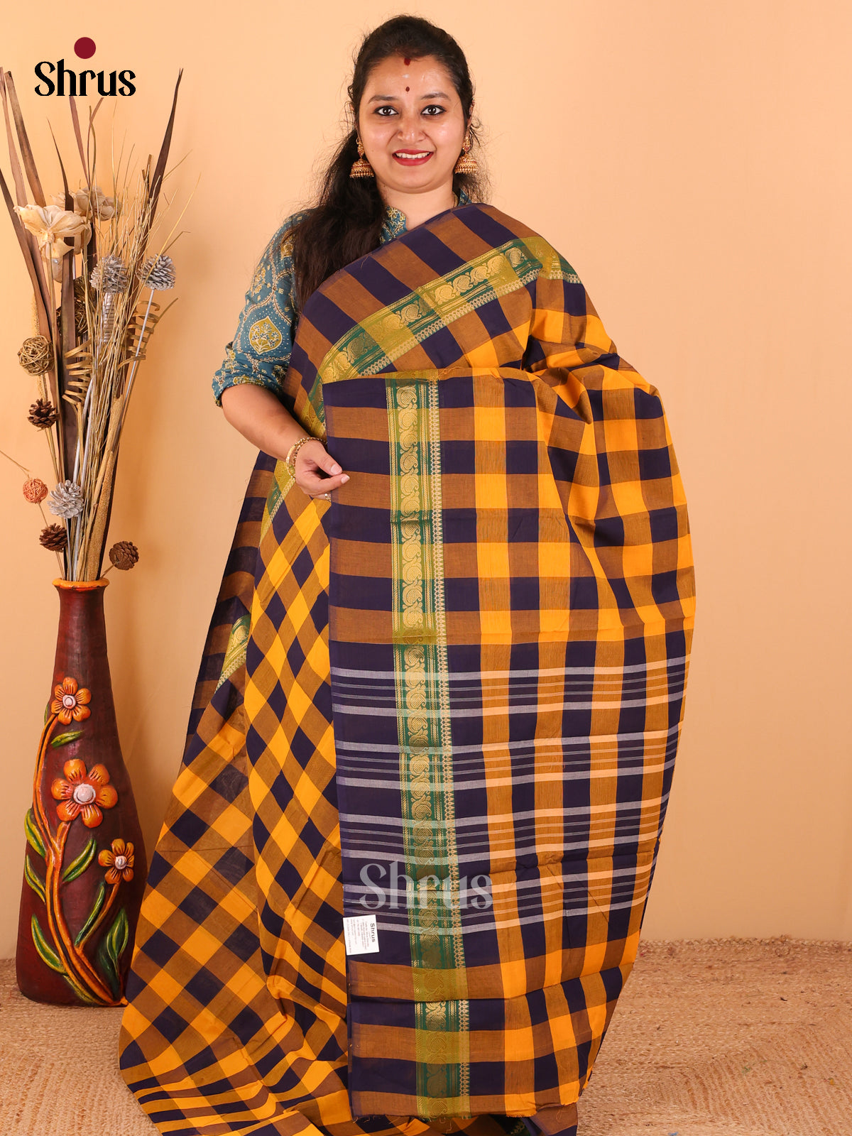 Mustard yellow with Navy Blue - Chettinad Cotton saree - DDS09259 - Shop on Shrus.com