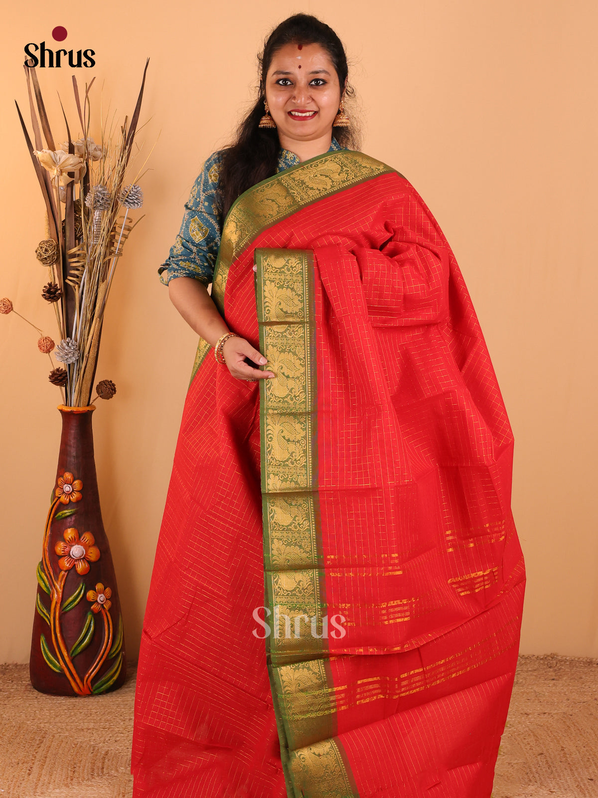 Red with Green - Chettinad Cotton saree - DDS09260 - Shop on Shrus.com