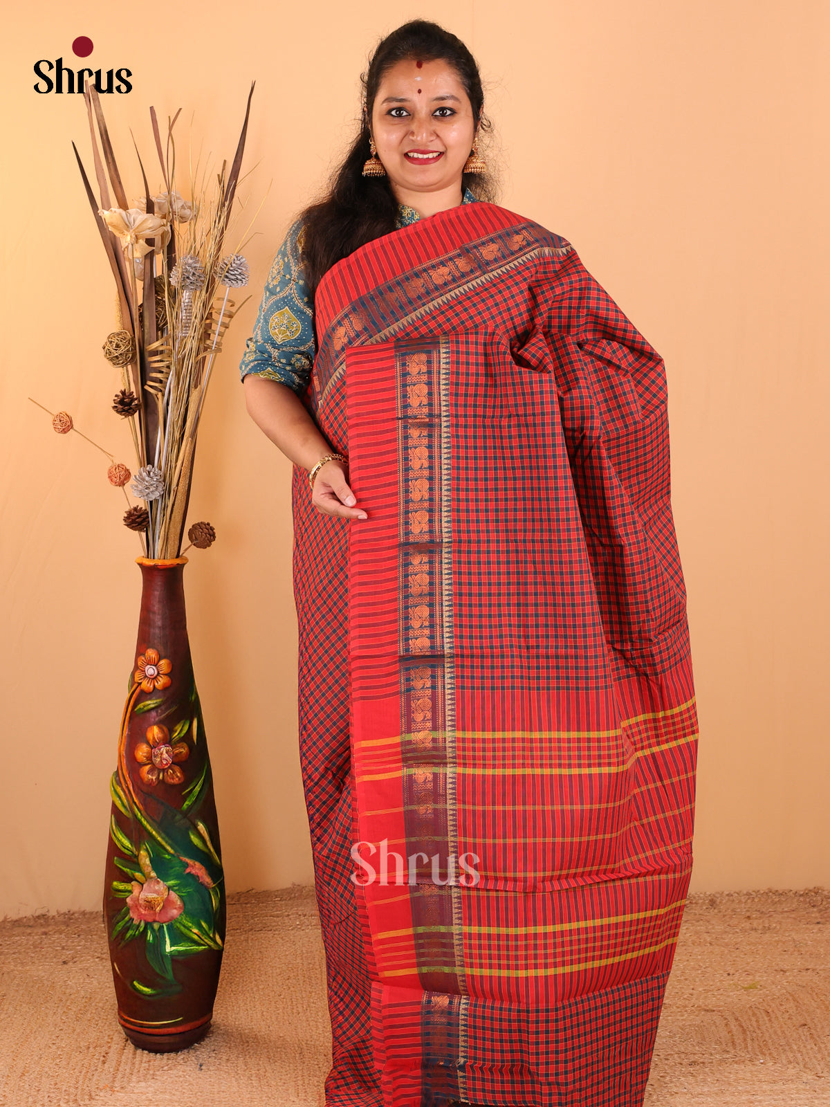 Red with Peacock Blue - Chettinad Cotton saree - DDS09261 - Shop on Shrus.com