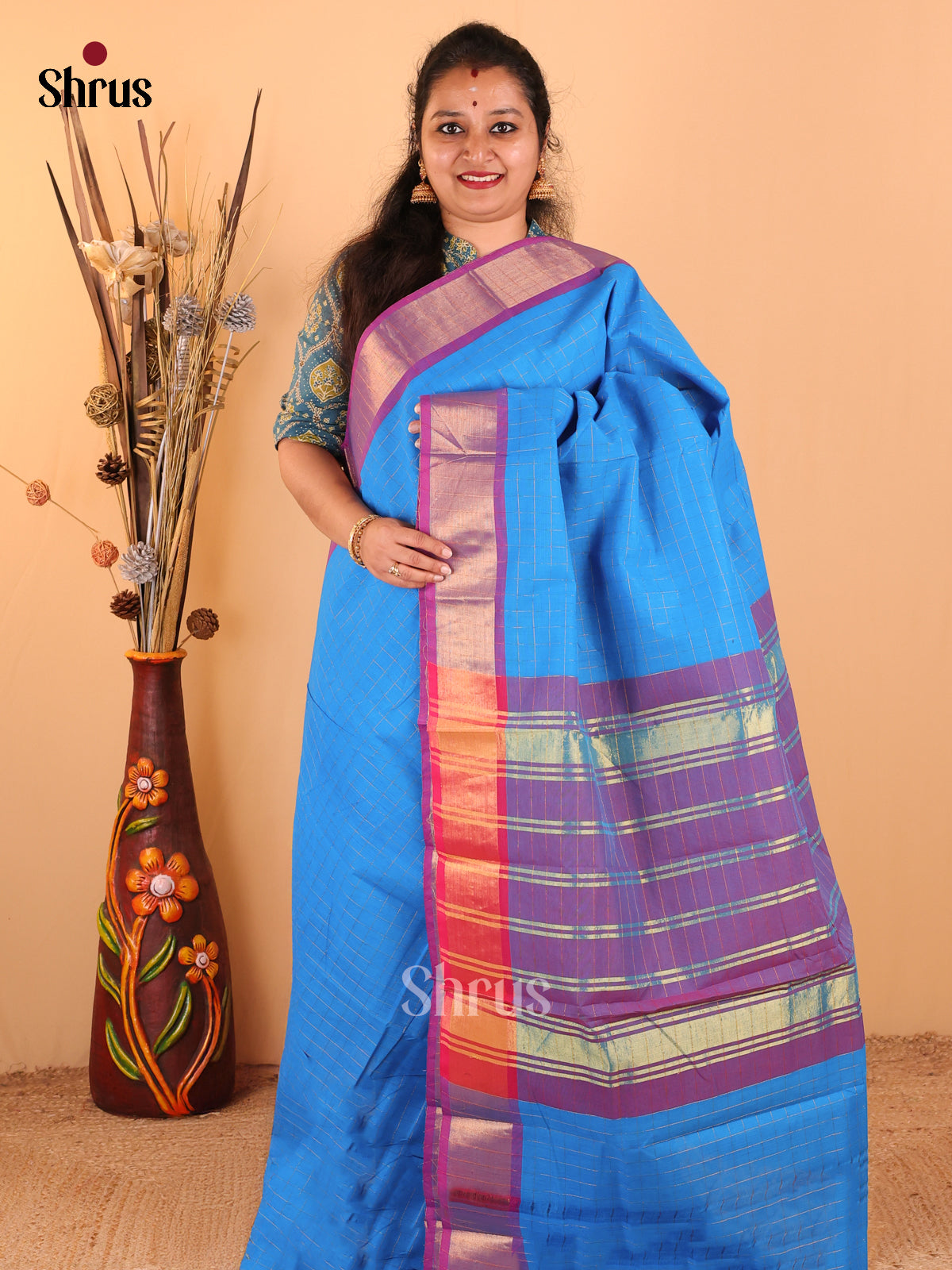 Rama Blue with Purple - Chettinad Cotton saree - DDS09262 - Shop on Shrus.com